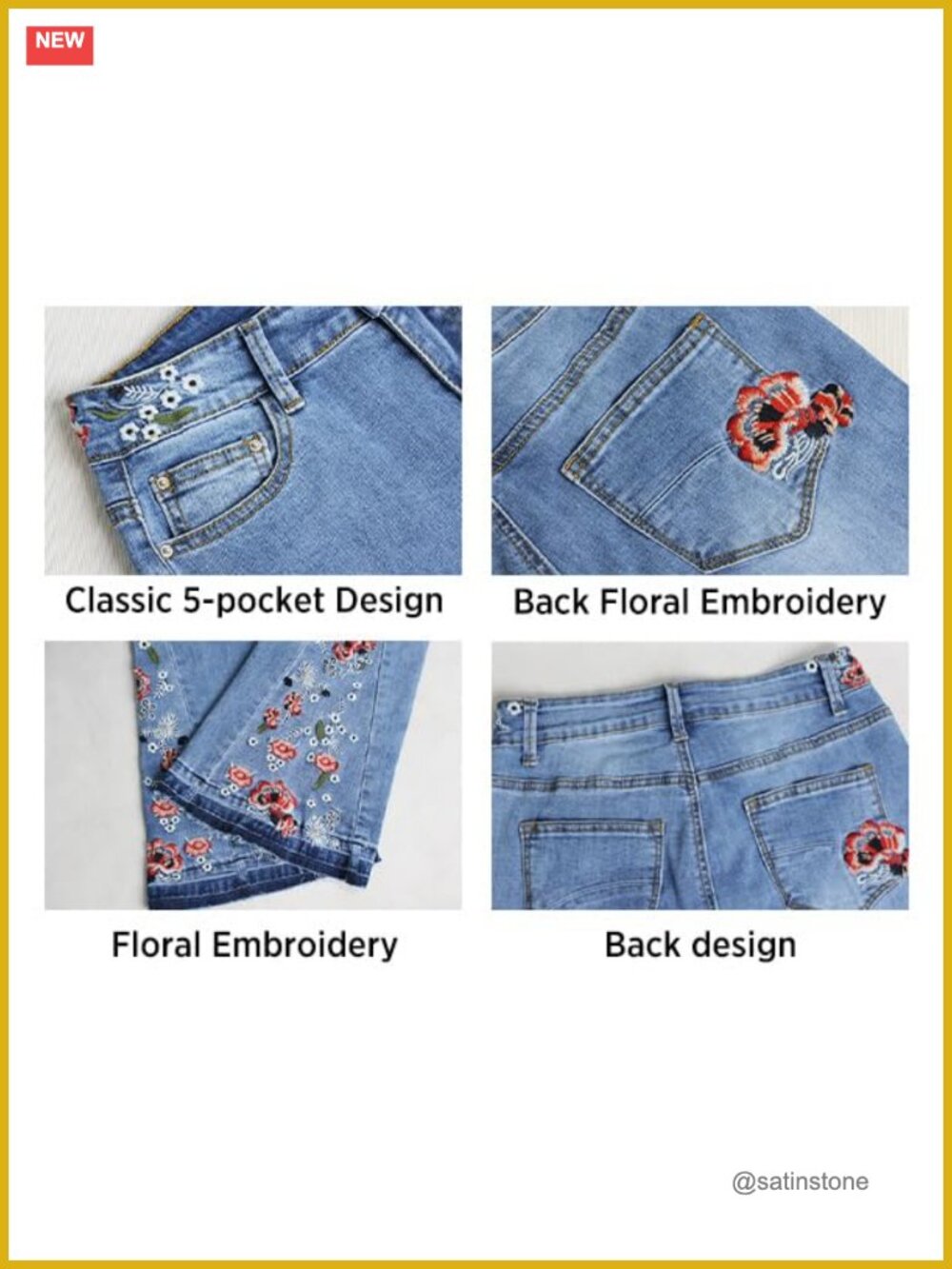 Boho Floral Embroidered Bell Bottom Jeans High Waist Retro 70s Stretch Denim - Picture 4 of 6